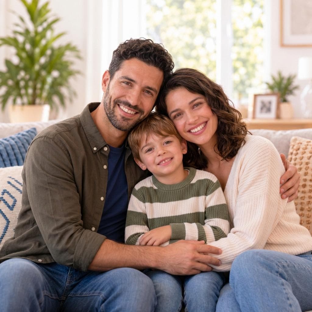 Familia sonriendo junta en casa — salud y prevención con Vaxicare